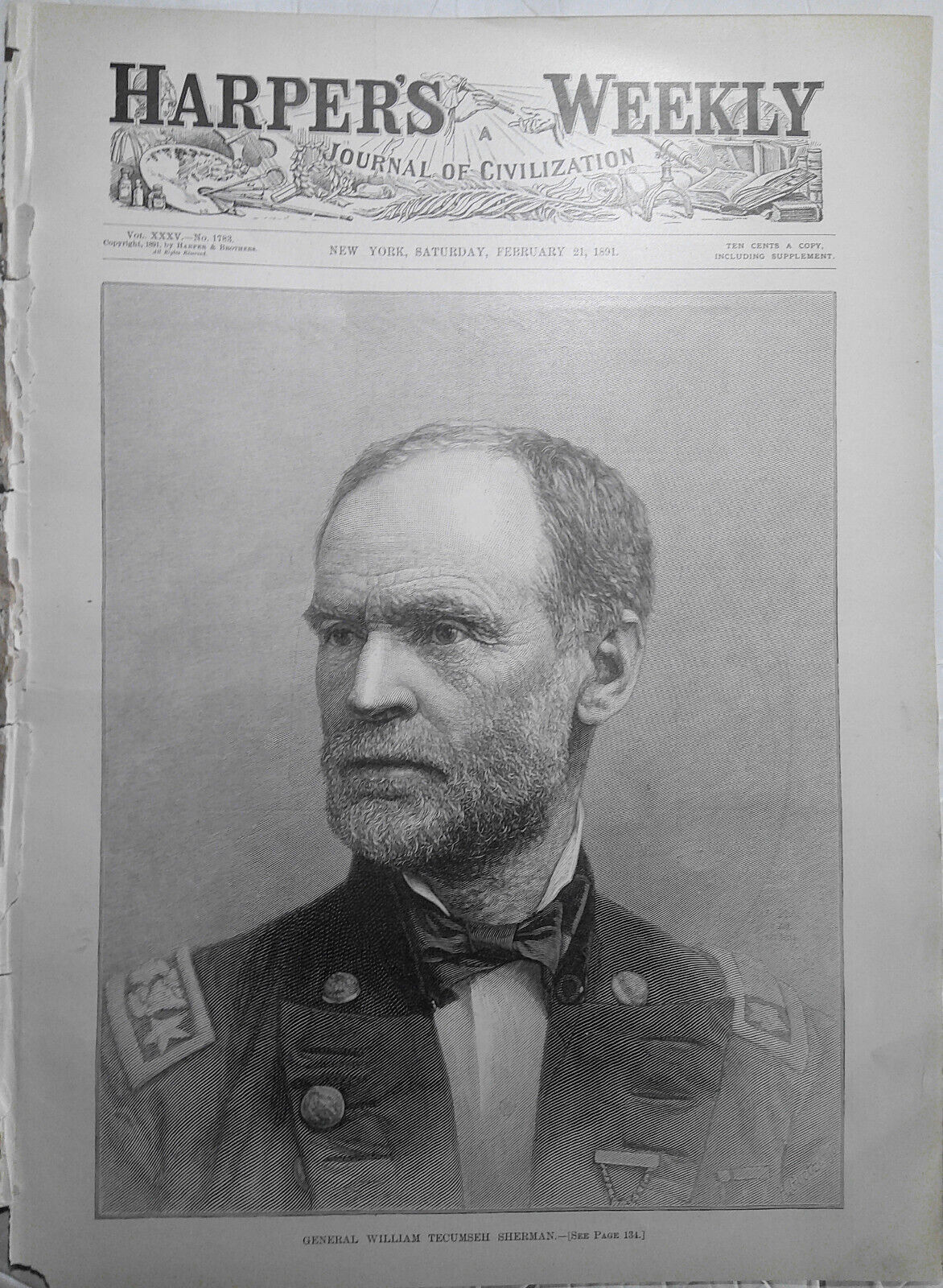 General William Tecumseh Sherman. Harper's Weekly February 21. 1891. Original
