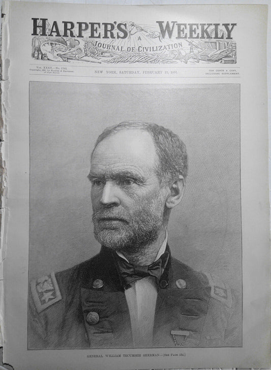 General William Tecumseh Sherman. Harper's Weekly February 21. 1891. Original