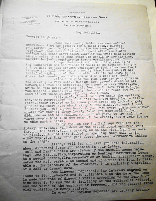 1931 2-page letter by cashier of The Merchants and Farmers Bank, on letterhead