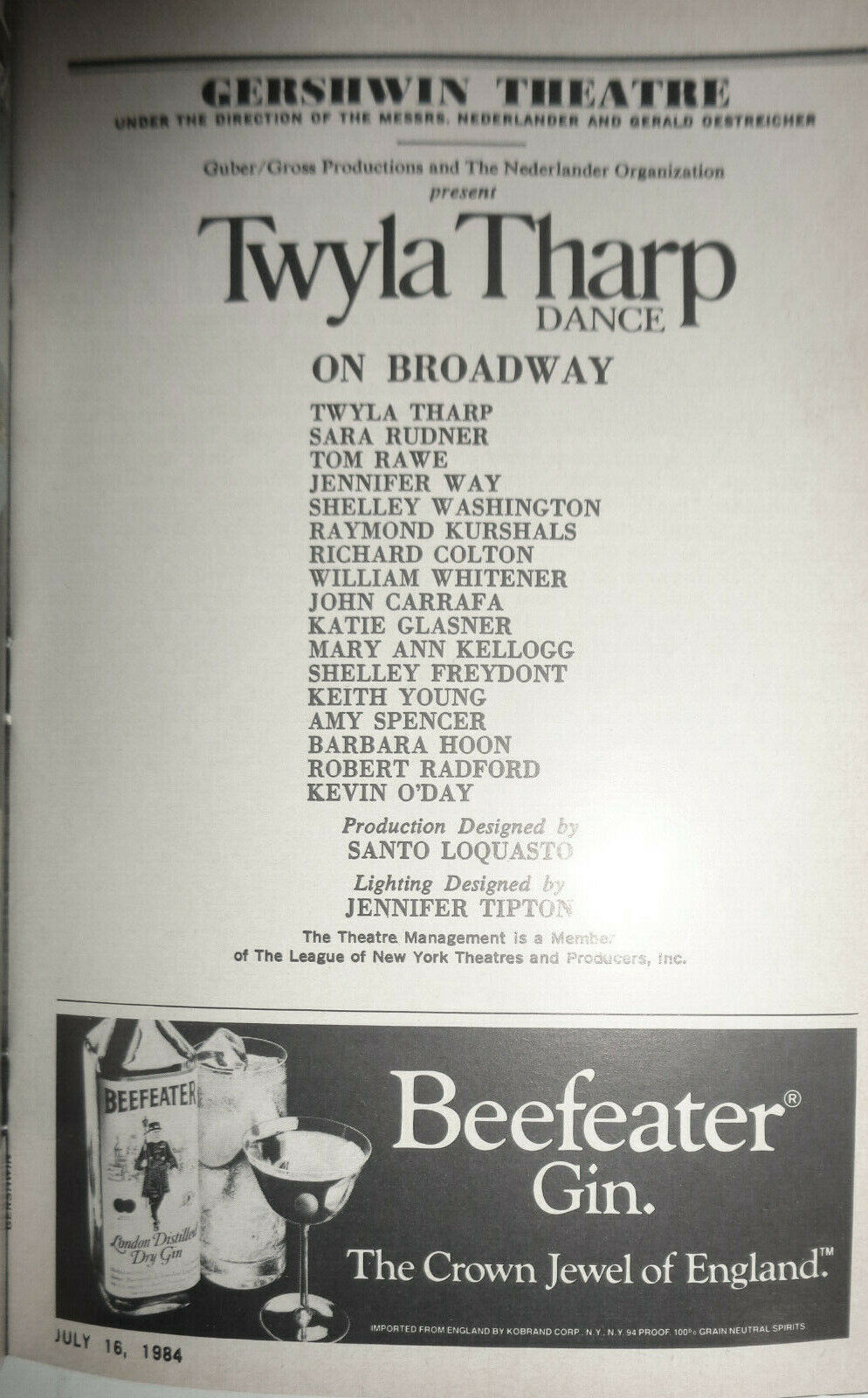 TWYLA THARP DANCE ON BROADWAY - PLAYBILL - JULY 16, 1984 GERSHWIN THEATRE