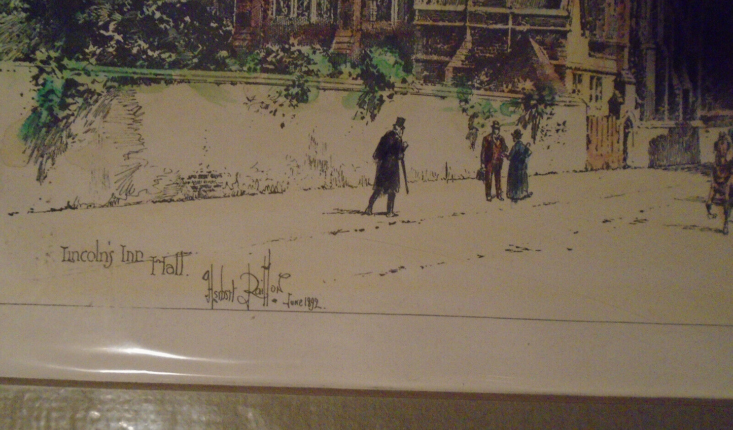 1892 "Lincoln's Inn Hall" by Herbert Railton. Hand-colored etching