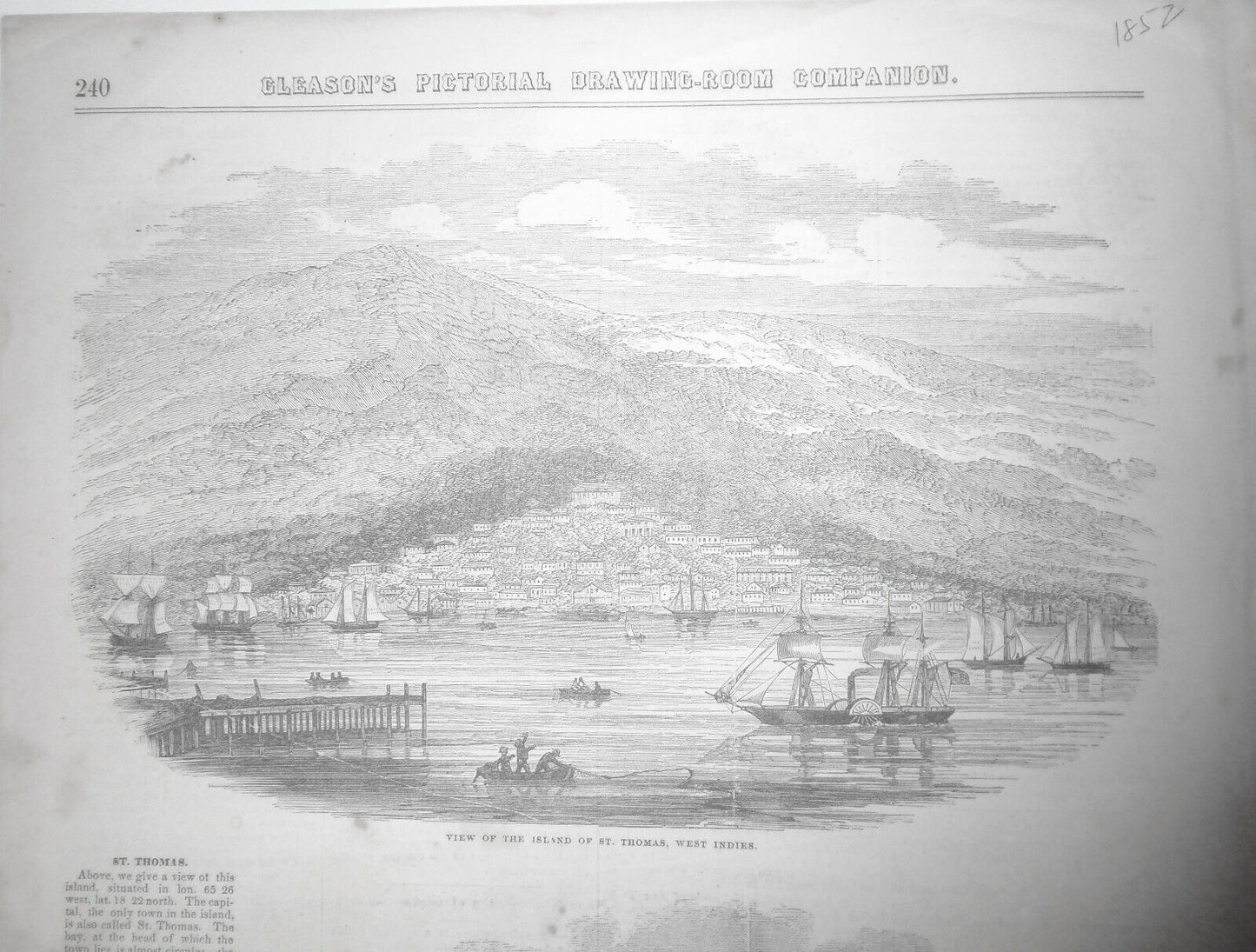 1852  St. Thomas in the West Indies - 2 prints & story - Gleason's original