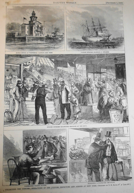 Collecting The Customs - Operations Of  Customs Inspectors. 1868 Harper's Weekly