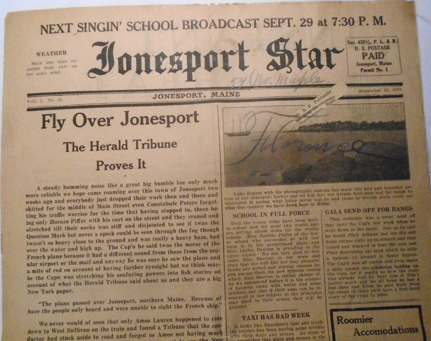 Jonesport Star, September 18, 1930 -  Fly over Jonesport...