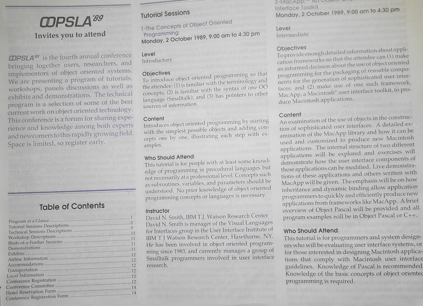OOPSLA '89 4th Annual Conference on Object Oriented Programming. Advance program