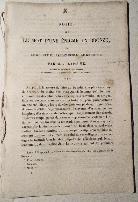 Notice sur le mot d'une énigme en bronze ..., by Jean Lapaume. 1866
