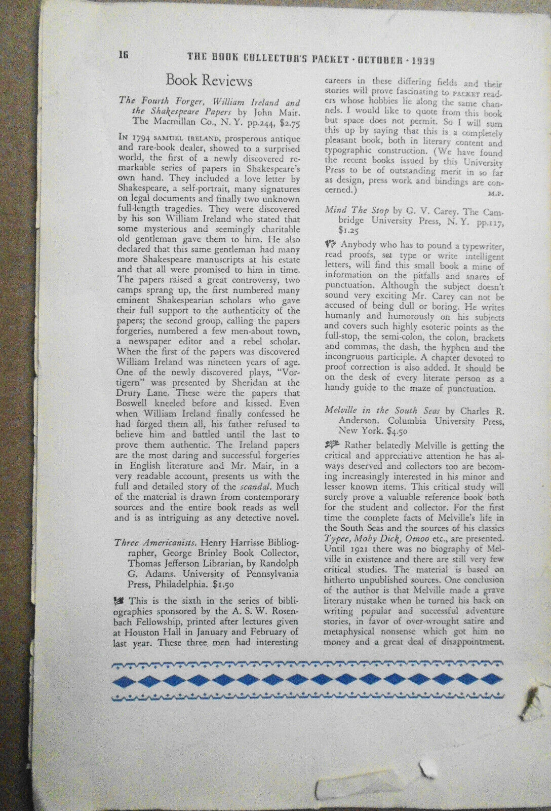 Book Collector's Packet October 1939 - Art Appreciation; Australia Fine Printing