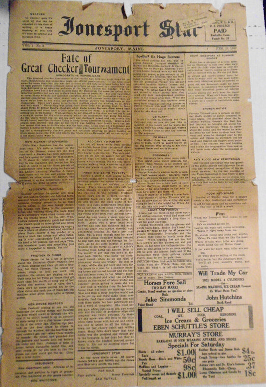 Jonesport Star, February 18, 1930 - Great Checker Tournament; Spelling Be sucess