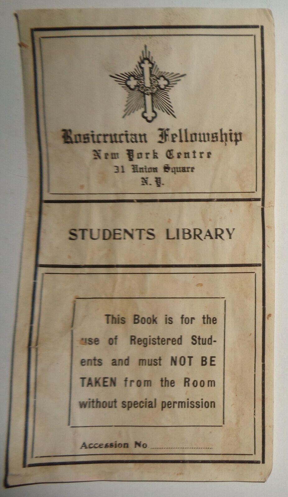 Bookplate of ROSICRUCIAN FELLOWSHIP New York Centre Students Library 1920s