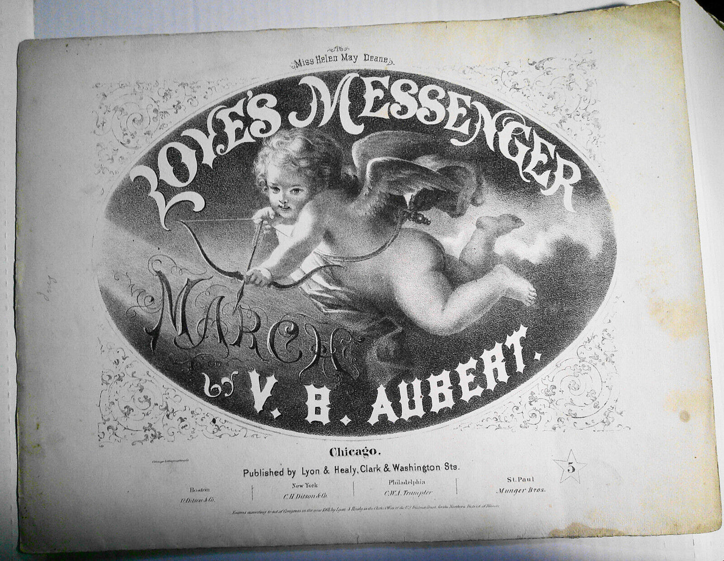 1868 Love's Messenger March, by  V.  B. Aubert - Original Sheet Music