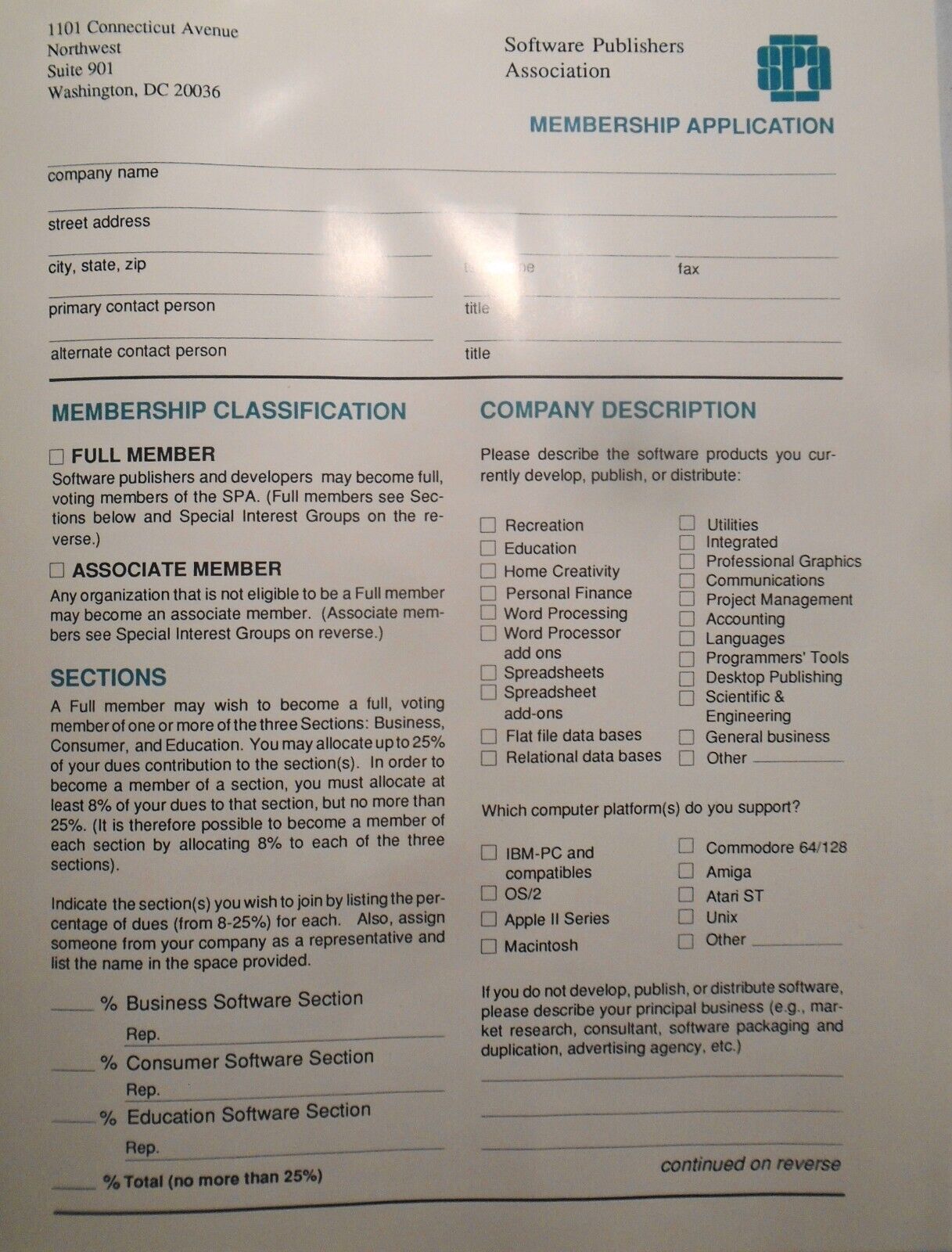 Software Publishers Association Membership Application and Literature - 1989