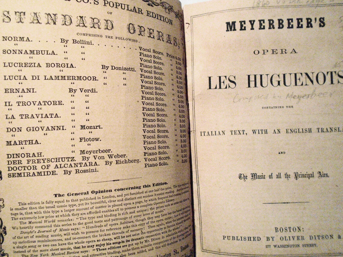 Meyerbeer's opera Les Huguenots 1860. Italian text, English translation, music.