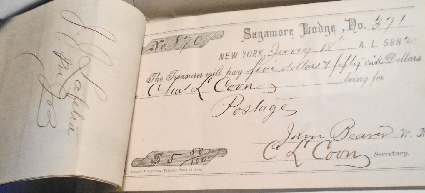 1882 Twenty-four original handwritten receipts - Masonic Sagamore Lodge New York
