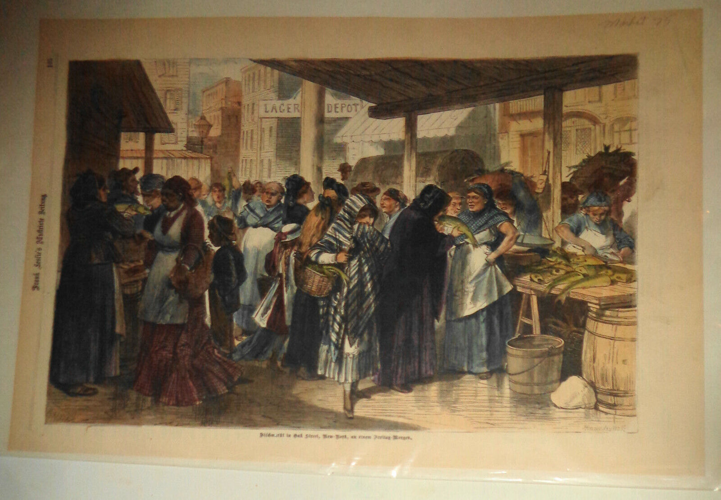 Women's Fish Market in Oak Street NYC Hand-colored 1875 Frank Leslie's german ed