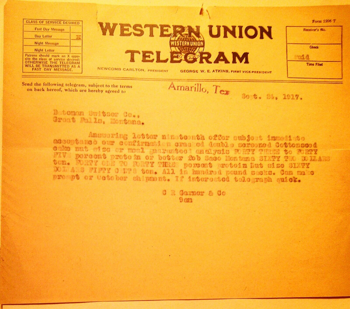 1917 C. R. Garner & Co Amarillo Texas - Wartime quotation with telegram & letter