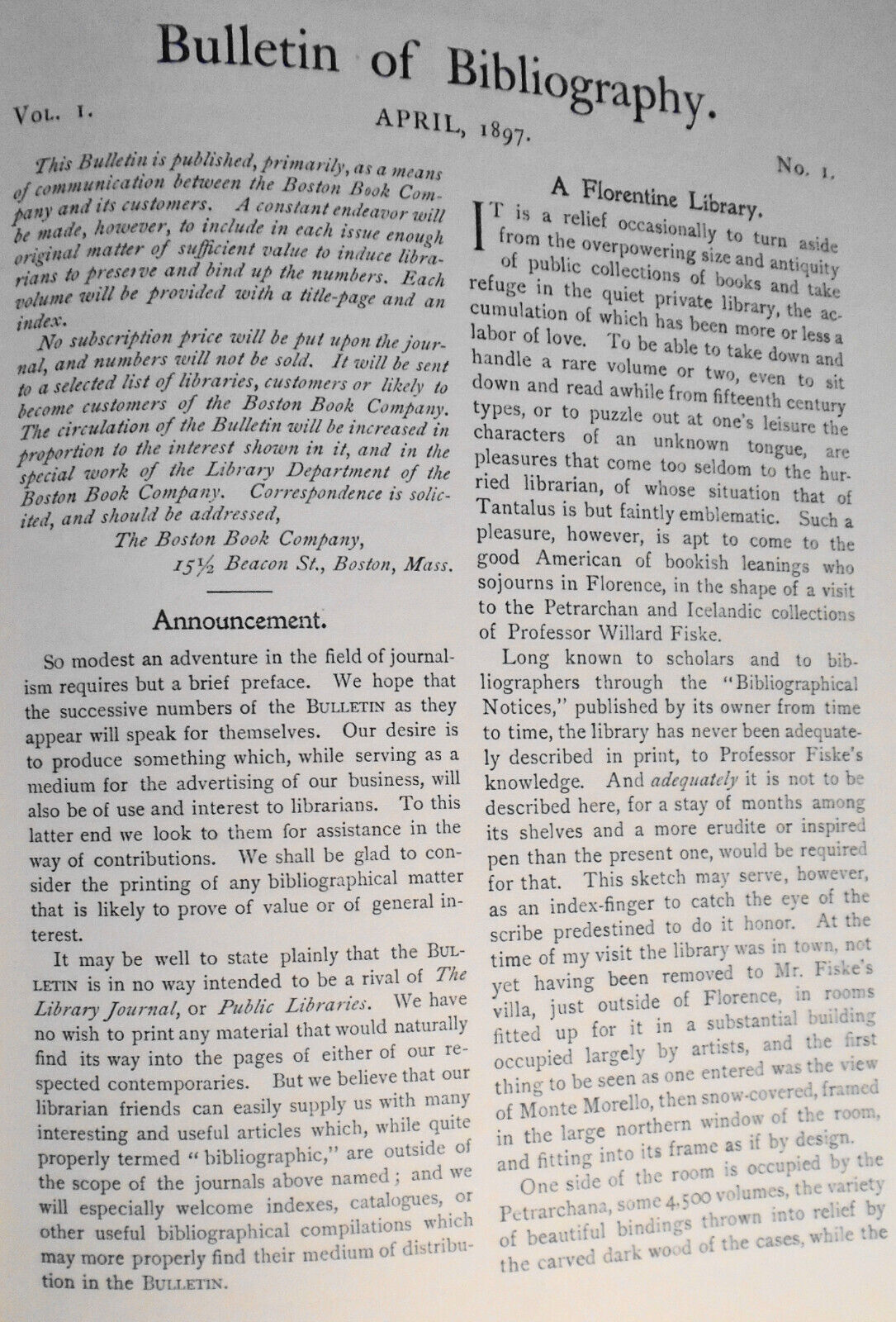 Bulletin of Bibliography, Volume 1, April 1897 to July 1899. Hardcover.