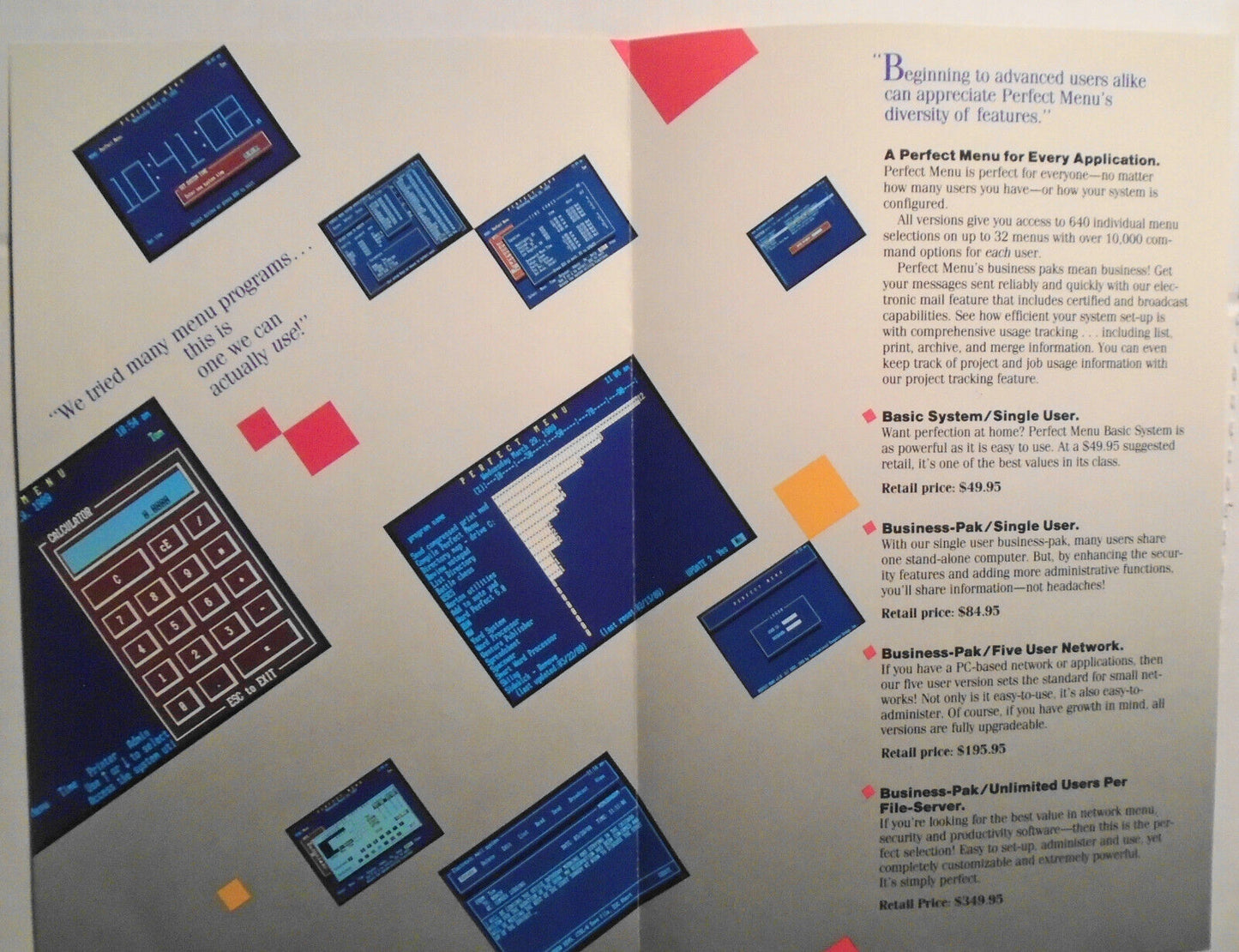 Perfect Menu - LAN Front-End Menu Program (with e-mail). IBM 5 1/4" Demo Program
