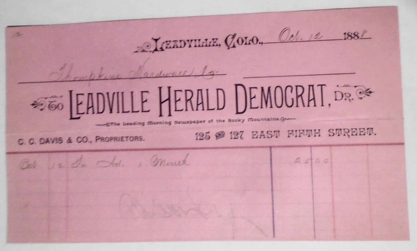 1888 original Billhead receipt,  from Leadville Herald Democrat, Colorado