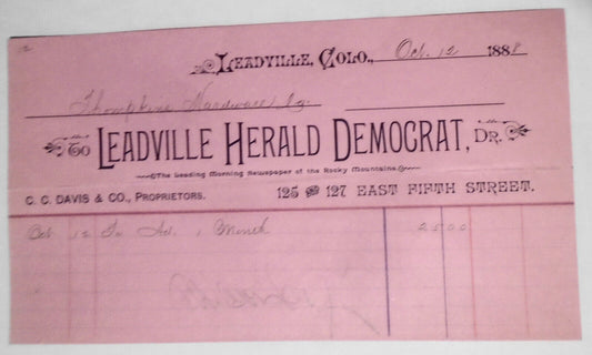 1888 original Billhead receipt,  from Leadville Herald Democrat, Colorado