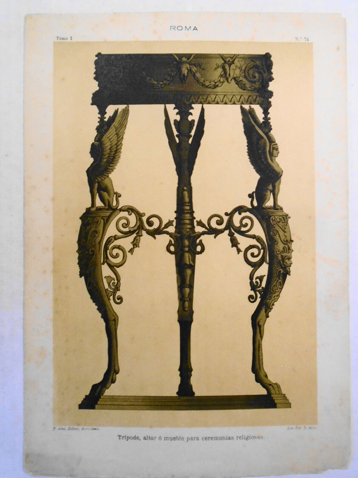 Roma: Tripode, altar o mueble para ceremonias religiosas  - litho ca 1890 J Aleu