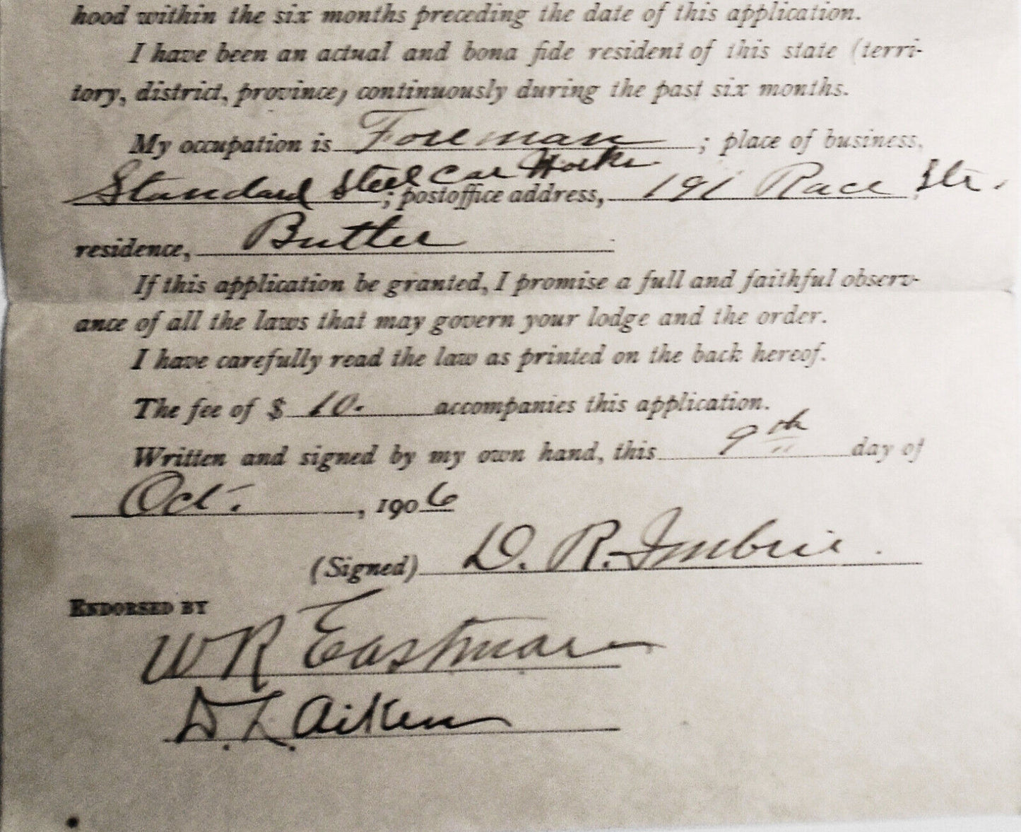 1906 Application for Ranks of Knighthood; Butler Lodge, Knights of Pythias, PA