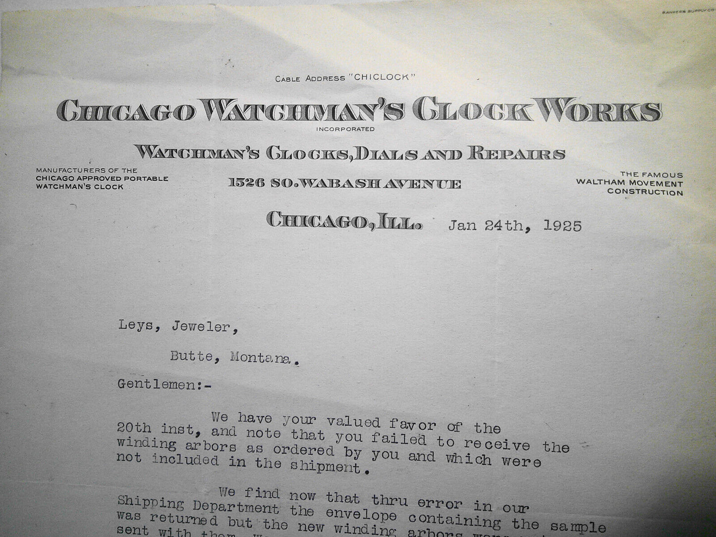 1925  Chicago Watchman's Clock Works, Chicago, Illinois, original  Letter