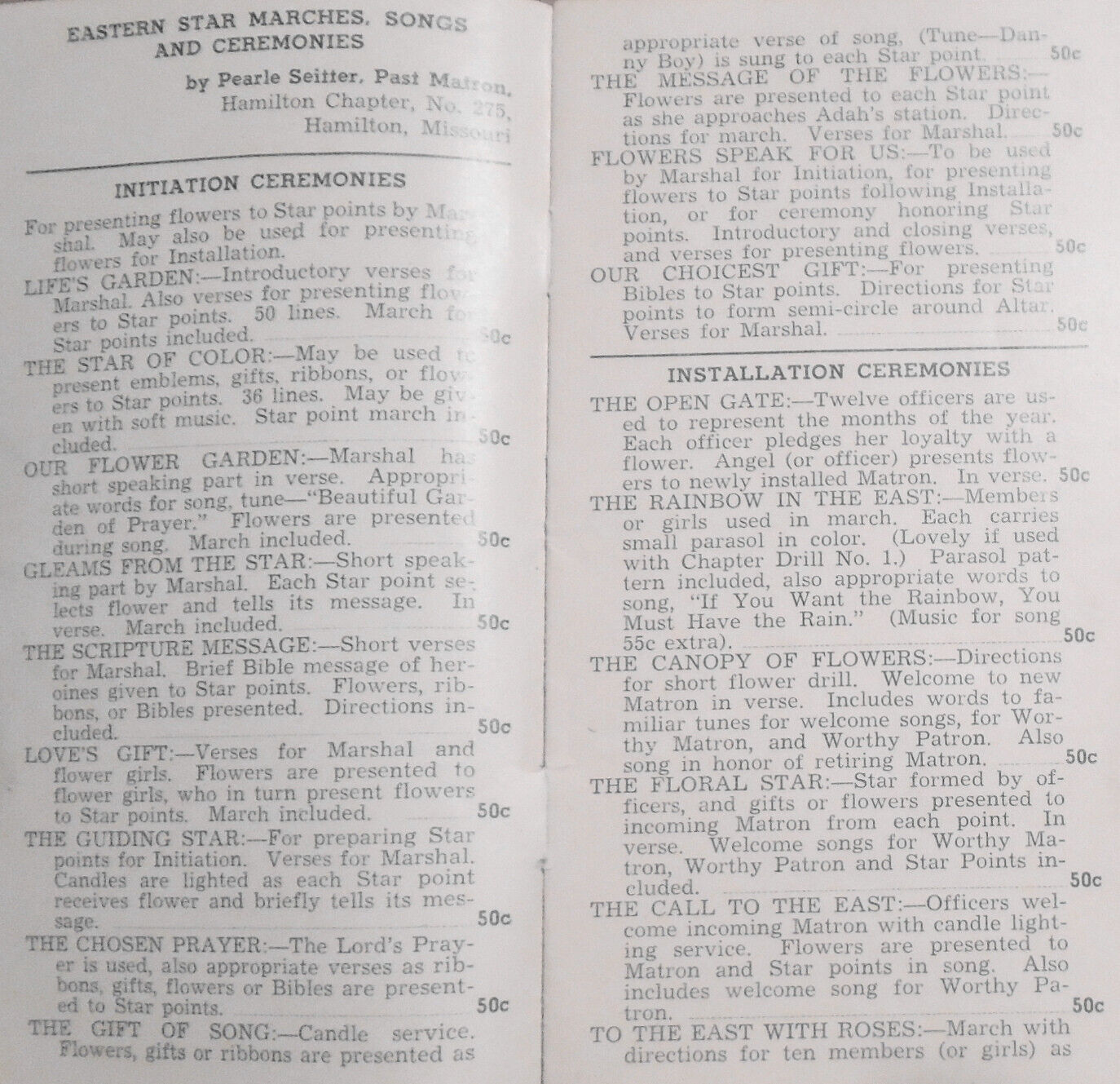 Order of Eastern Star Marches Songs Ceremonies catalog - Associate Matrons 1940s