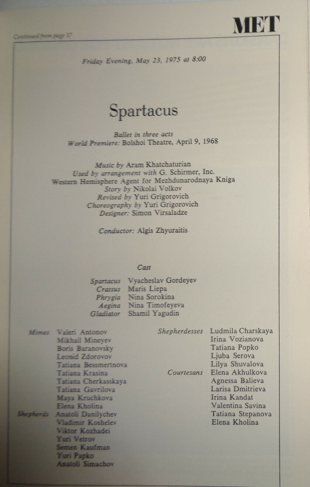 THE BOLSHOI BALLET - STAGEBILL - MAY 1975 - Spartacus - Lincoln Center