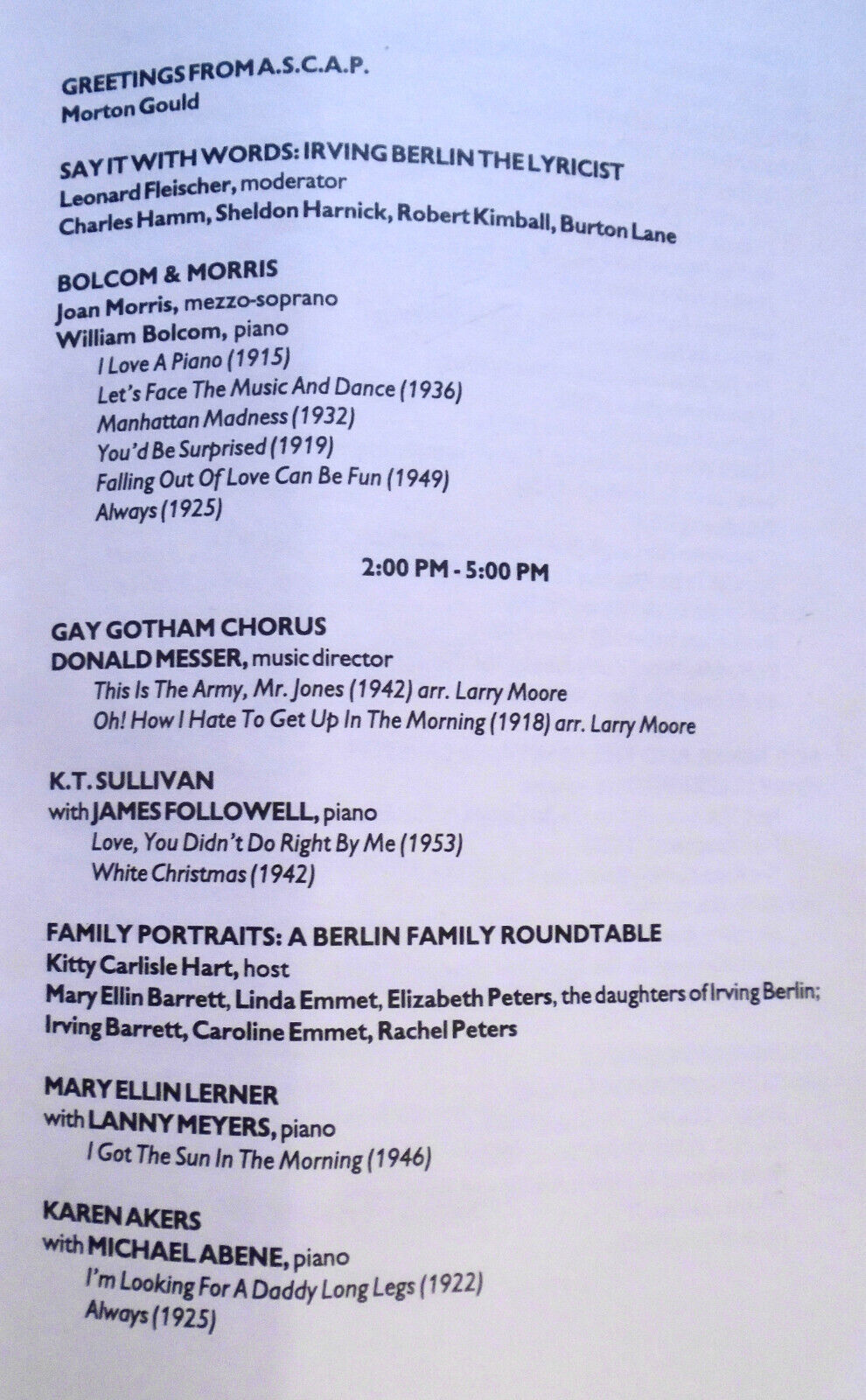 WALL TO WALL IRVING BERLIN - Program - March 19, 1994 - Symphony Space, NYC