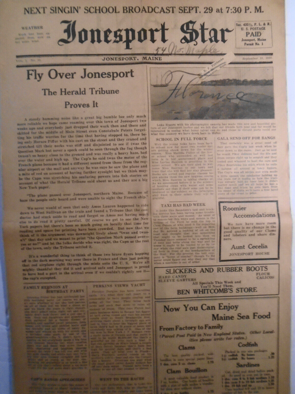 Jonesport Star, September 18, 1930 -  Fly over Jonesport...