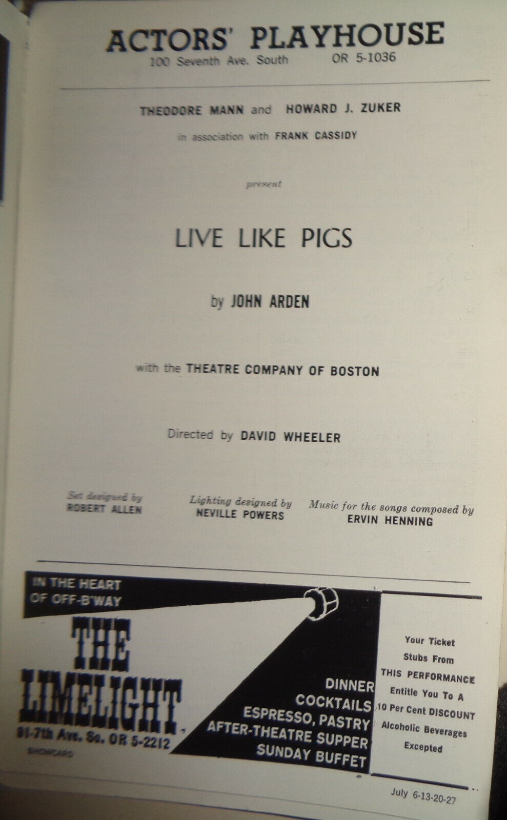 LIVE LIKE PIGS - SHOWCARD - NEW YORK: ACTORS' PLAYHOUSE, 1965.