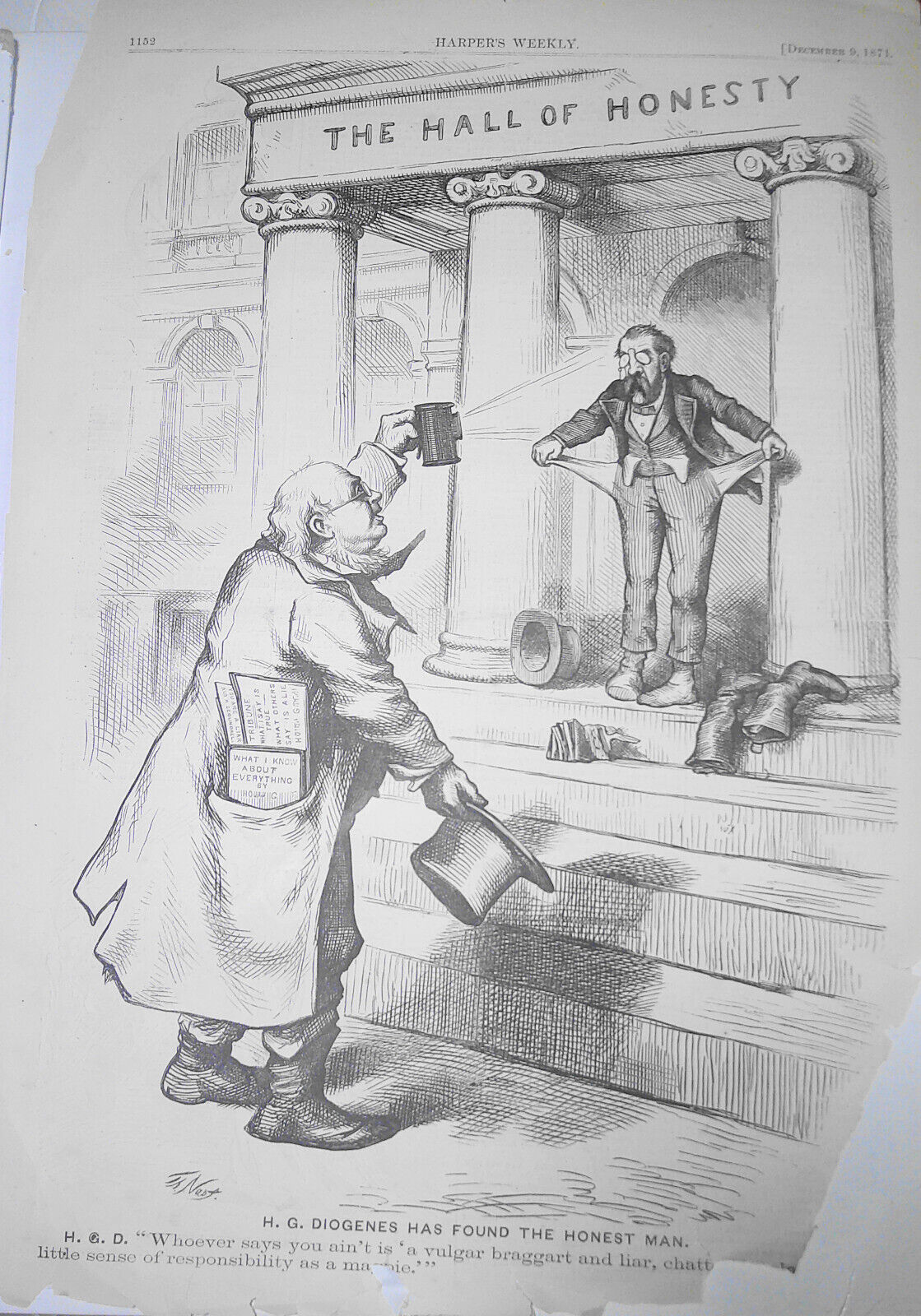 H. G. Diogenes Has Found the Honest Man, by Thomas Nast. Harper's Weekly, 1871