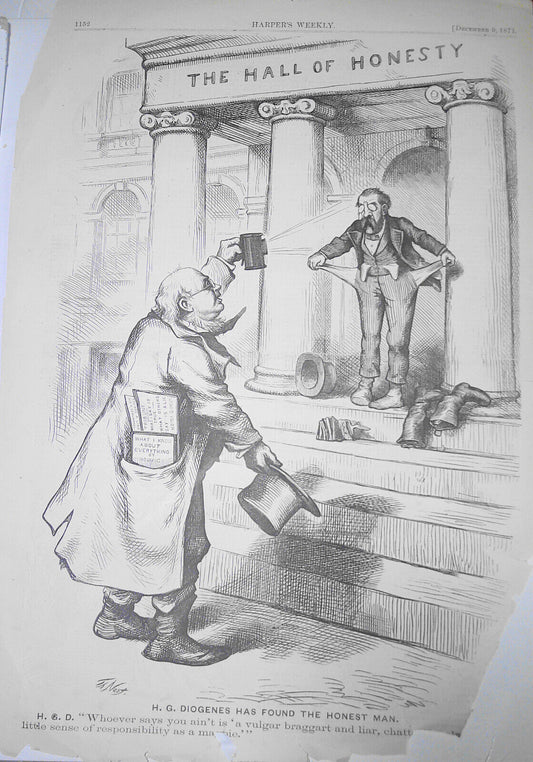 H. G. Diogenes Has Found the Honest Man, by Thomas Nast. Harper's Weekly, 1871