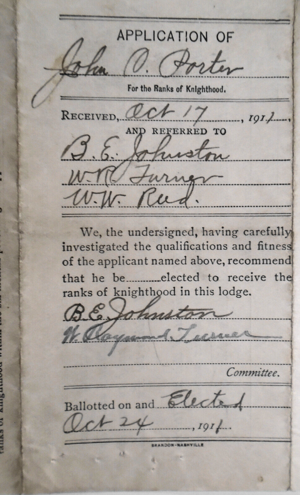 1911 Application for Ranks of Knighthood. Butler Lodge, Knights of Pythias, PA