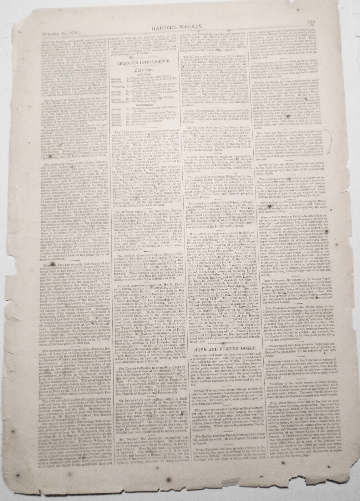 Canadian Methodism - Harper's Weekly, October 10, 1874 Original, Full Page.