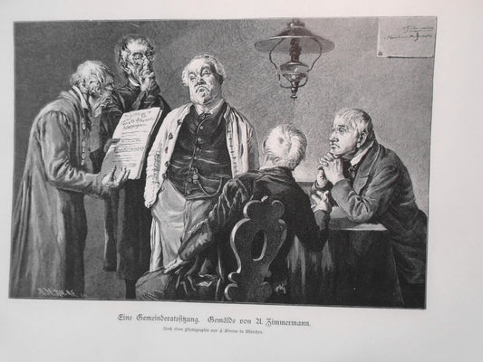 Eine Gemeinderatssitzung, by  A. Zimmermann -- 1886 - Original antique print