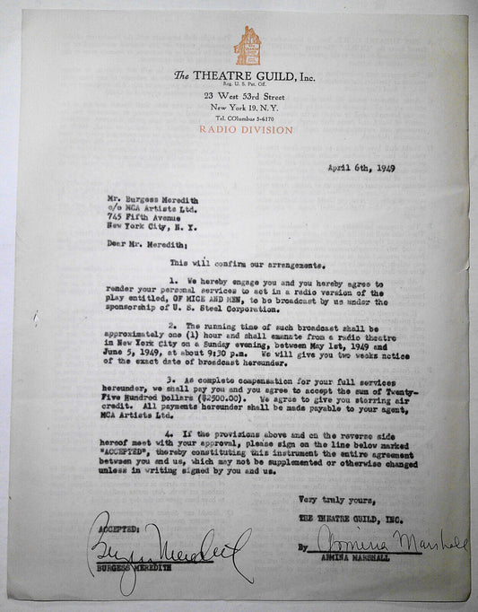 Burgess Meredith SIGNED contract Steinbeck Of Mice and Men 1949 radio broadcast