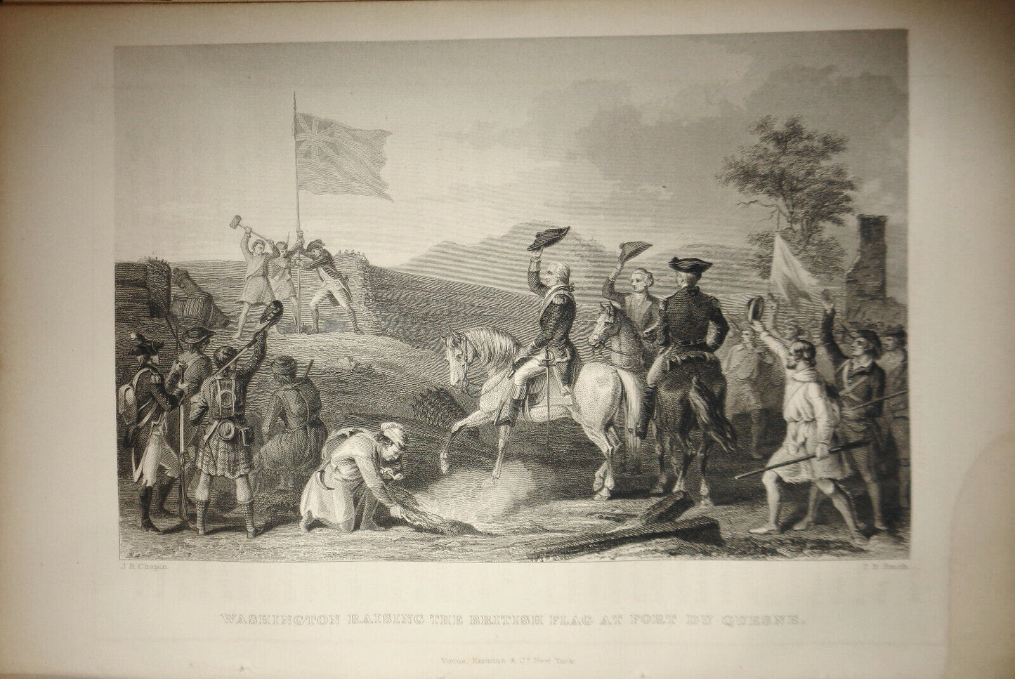 1860 - Washington Raising the British Flag at Fort Du Quesne - Original print