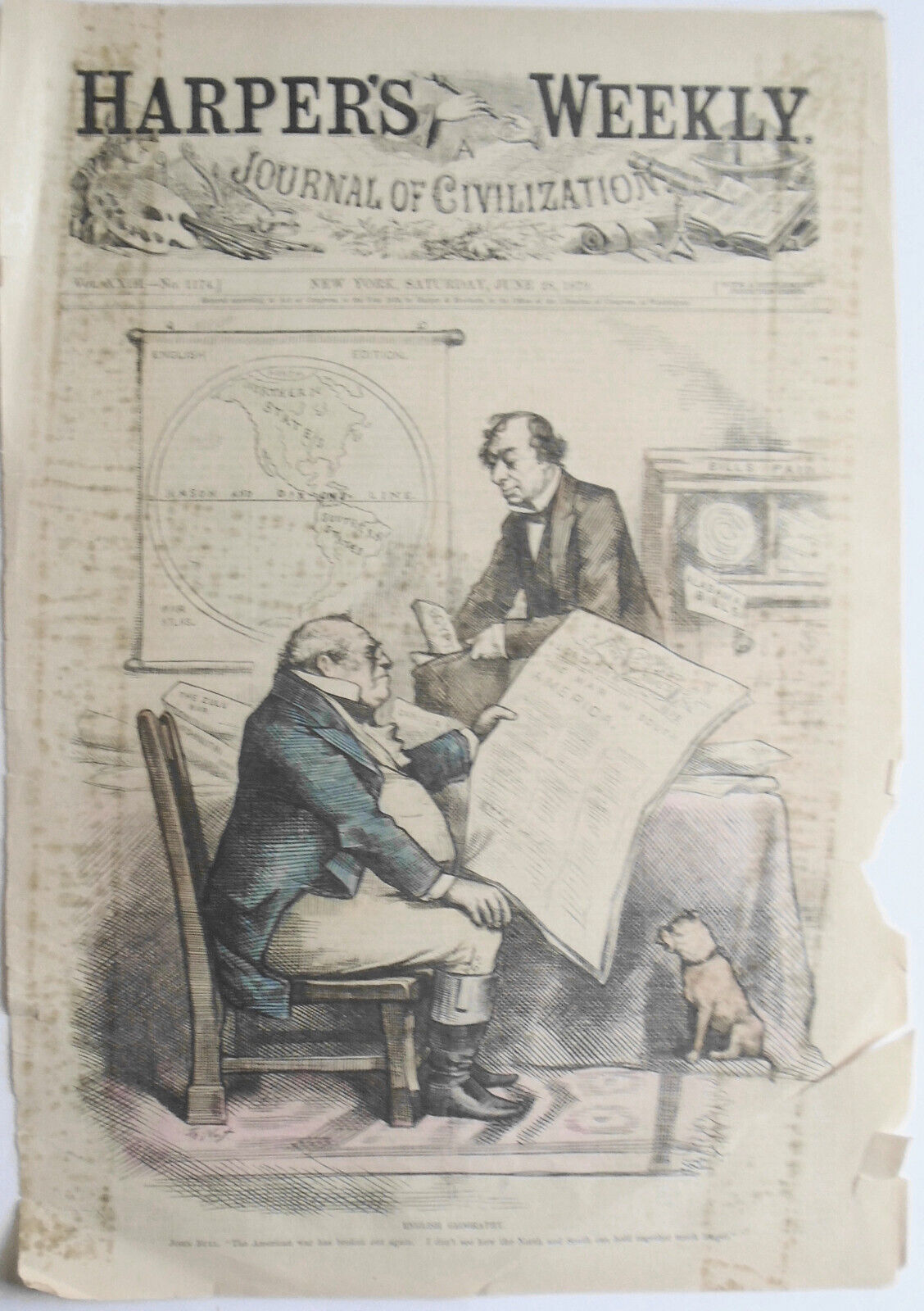 English geography. John Bull. By Thomas Nast. Harper's Weekly 1879. Hand-colored