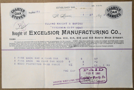 1893 Excelsior Manufacturing Co, St. Louis Charter Oak Stoves - Billhead receipt