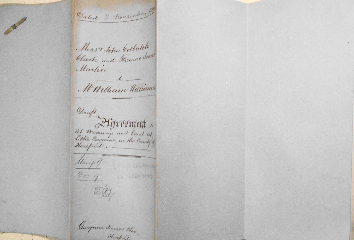 1892 Draft Lease. Hereford, England. Clark & Martin to William Williams.