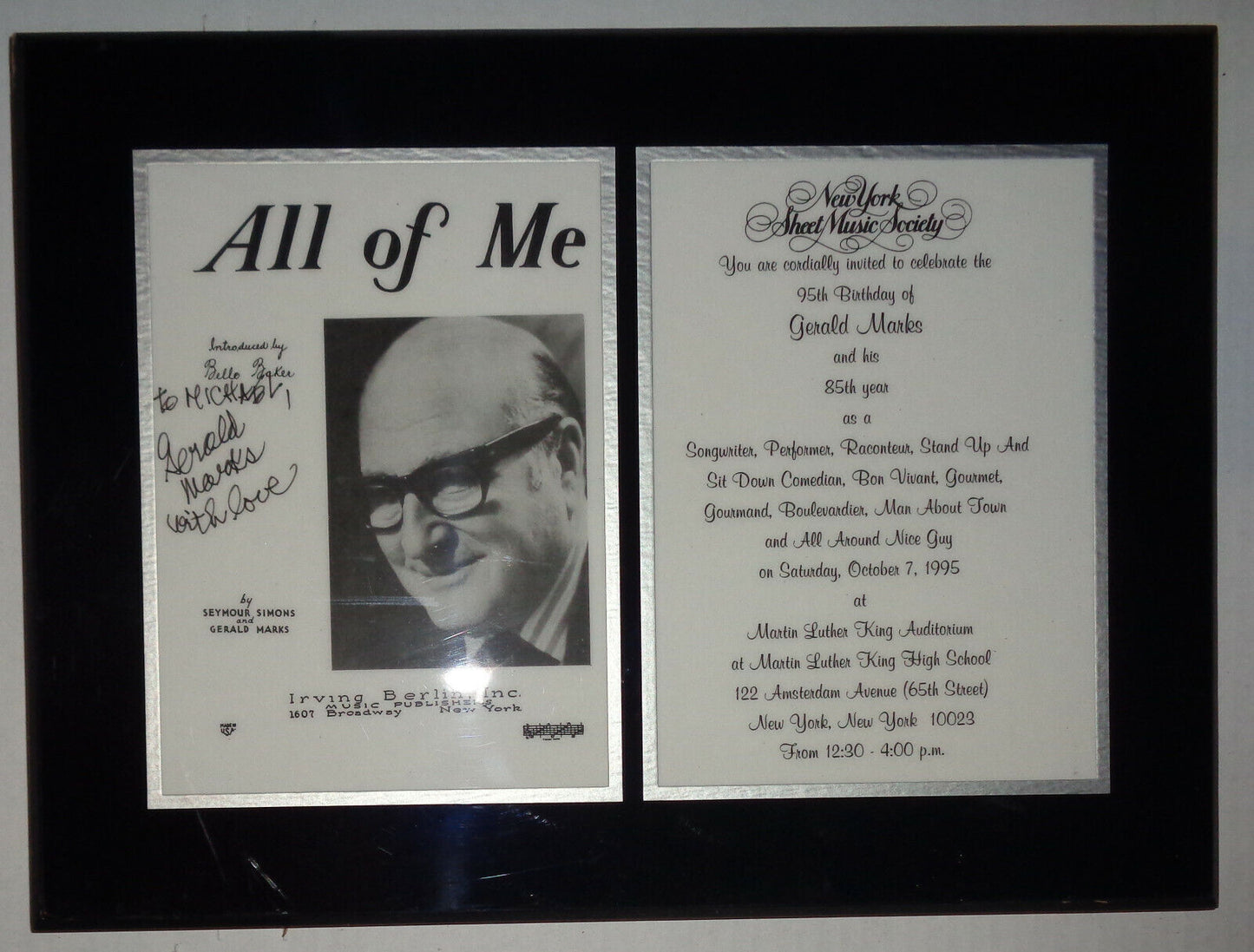 Gerald Marks Signed / inscribed plaque, "All Of Me" composer 95th birthday 1995