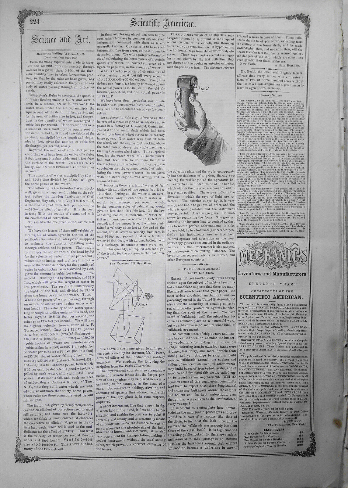 Scientific American, March 22, 1856. Measuring falling water; smoking cigars etc