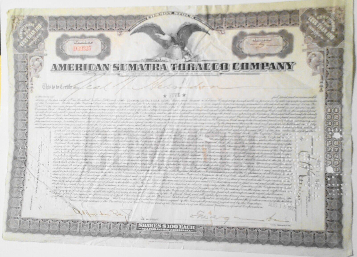 1922 American  Sumaytra Tobacco Company Stock Certificate - Five shares