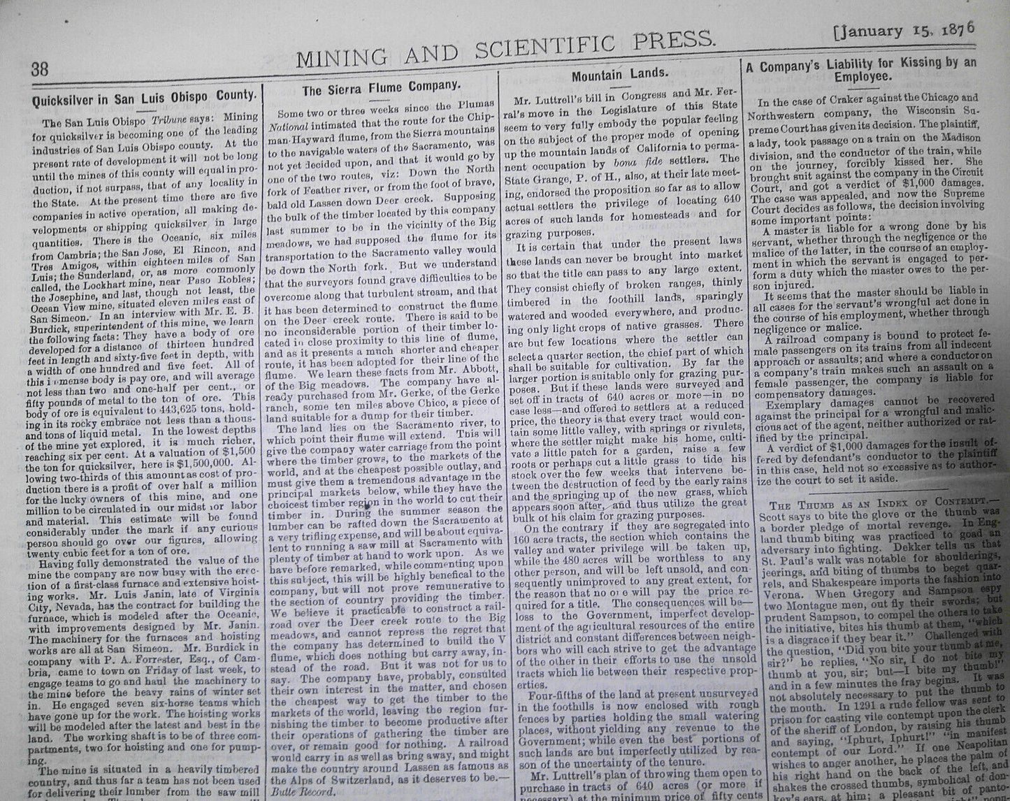Mining and Scientific Press January 15, 1876. Yellowstone Lake; Colorado Bullion