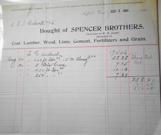 1901 Spencer Brothers, Coal, Lumber, Suffield CT  Statement for F S Bidwell & Co