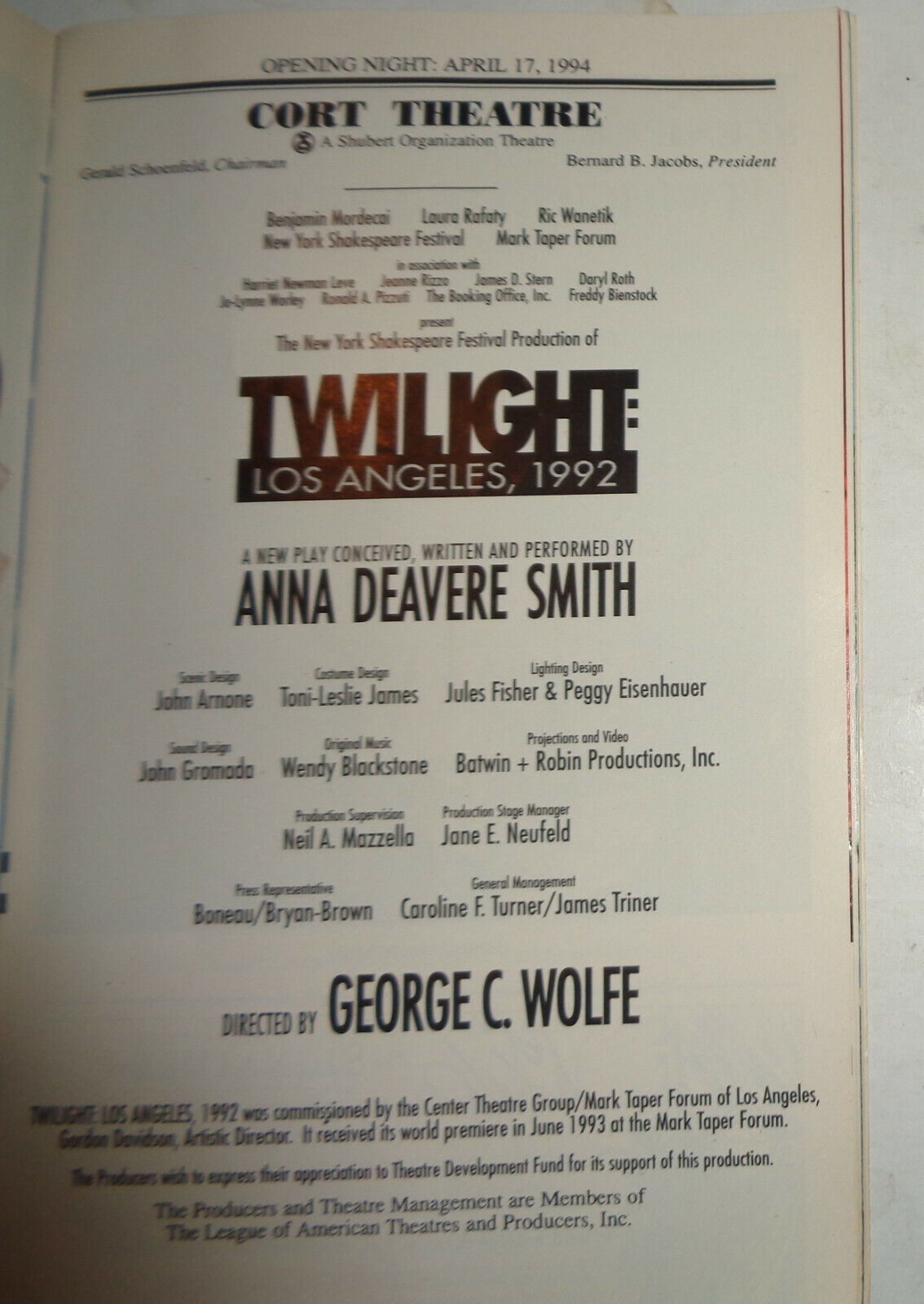 TWILIGHT: LOS ANGELES, 1992 - PLAYBILL - OPENING NIGHT: APIRL 17, 1994