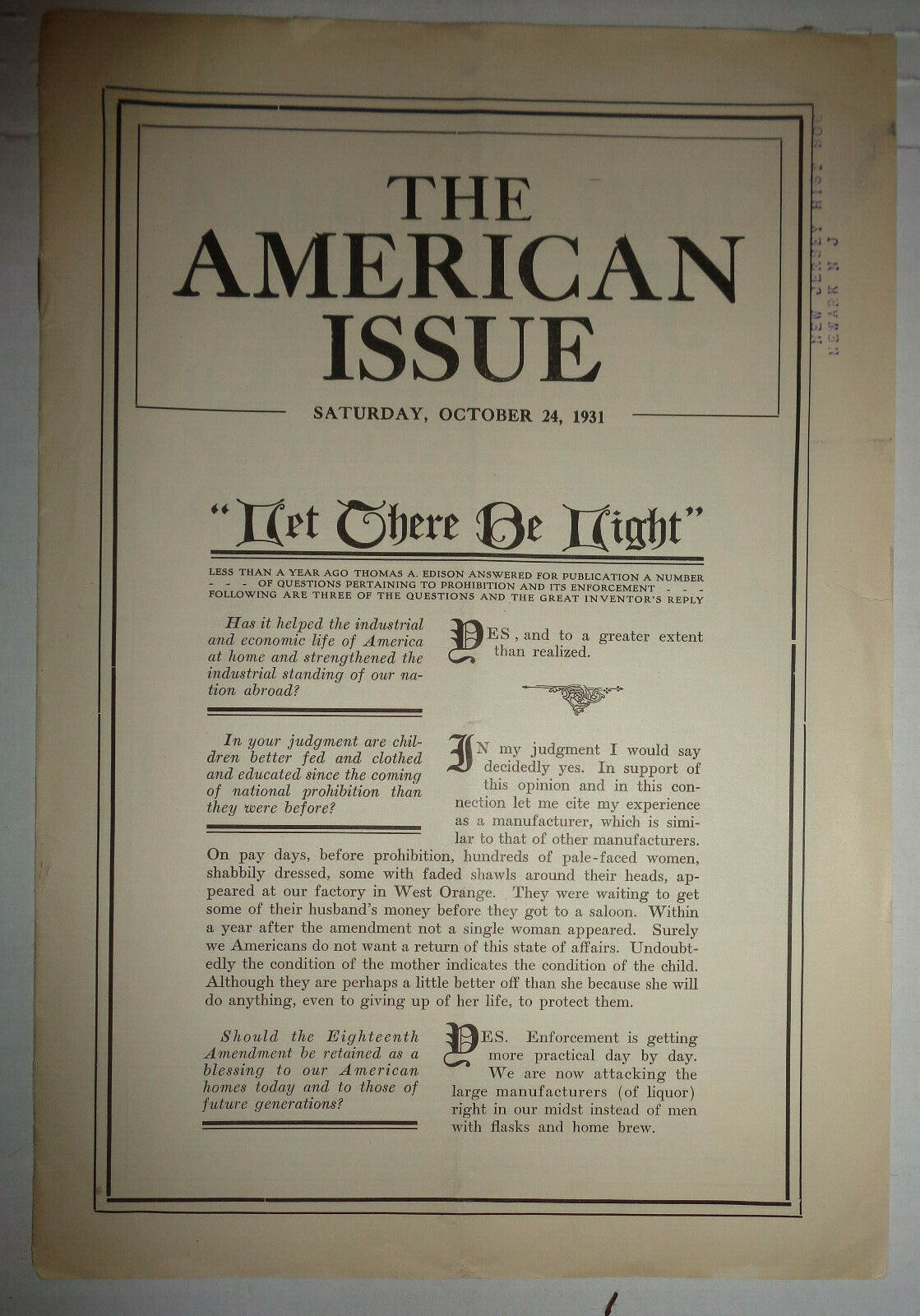 The American Issue (Prohibition journal) 10/24/1931 - Thomas Edison, Al Capone..