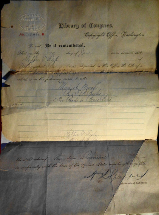 1886 Copyright Certificate for Manisot March by T. P. Brooks, & 1899 transfer