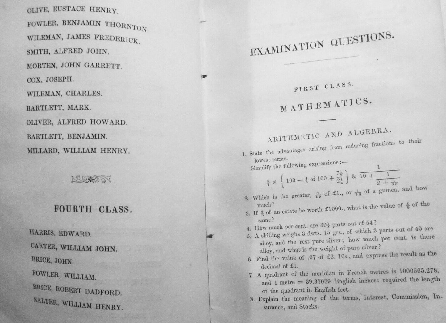 1844 Amersham School - Examination Questions and the Successful Prize Winners